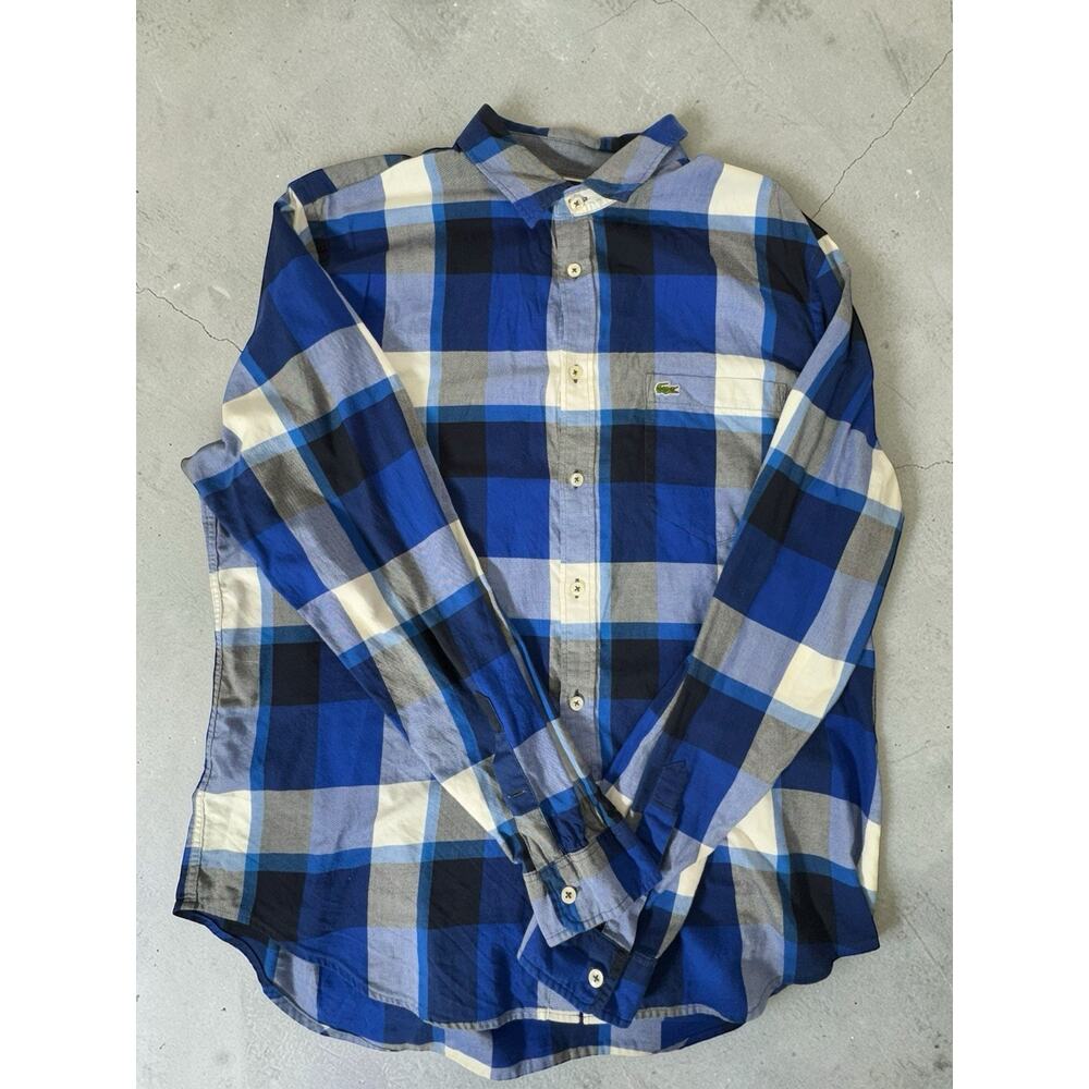 LACOSTE Shirt Mens 44 XL Plaid Sport Button Up Long Sleeve Cotton Blue